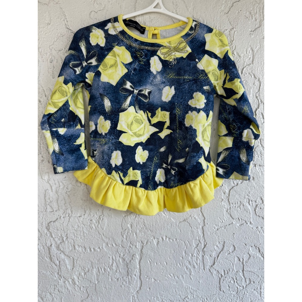 Blumarine Baby Jeans Yellow Rose Floral Peplum Sweatshirt Rhinestone 18M